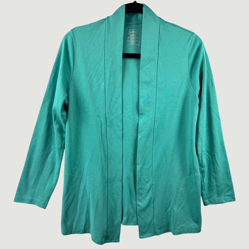 L.L. Bean Open Front Cardigan Womens Medium Green Supima Cotton Shawl Collar